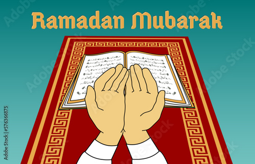 hands folded in a prayer pose against the background of an open book of the Koran and a prayer rug. A man reads namaz. Vector illustration for Ramadan holiday. Lettering blessed ramadan