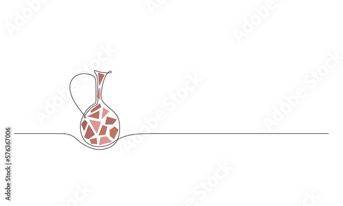 Simple line wine jug, vessel with tiles vector illustration. Traditional ancient clay jar for drink