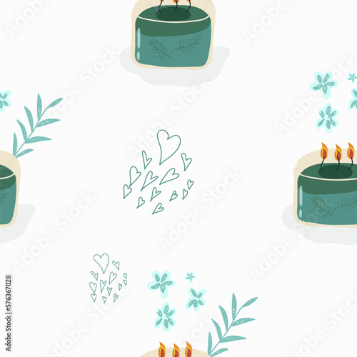 Seamless pattern, digital paper, candle theme wrapping paper, aromatherapy, hobby, pastime, relaxation, self love, self care. Flat cartoon vector illustration, hand drawn style.