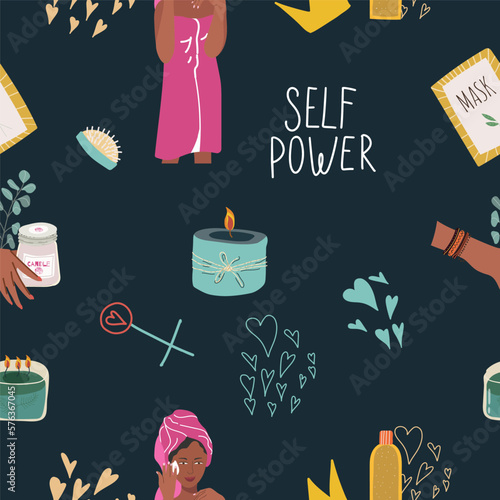 Seamless pattern, digital paper, wrapping paper on the theme of personal care: girl, heart, mask, candle, flower. Flat cartoon vector illustration, hand drawn style. The concept of self-love, health.