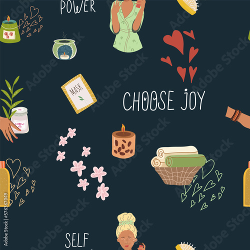 Seamless pattern, digital paper, wrapping paper on the theme of personal care: girl, heart, mask, candle, flower. Flat cartoon vector illustration, hand drawn style. The concept of self-love, health.