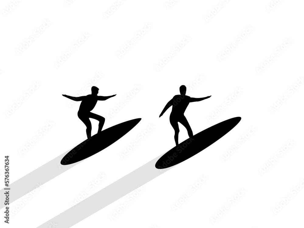 Silhouettes of two surfers riding the waves. Active rest, hobby. Design for banners, posters and promotional items. Vector illustration Silhouettes of two surfers riding the waves. Active rest, hobby. Design for banners, posters and promotional items. Vector illustration
