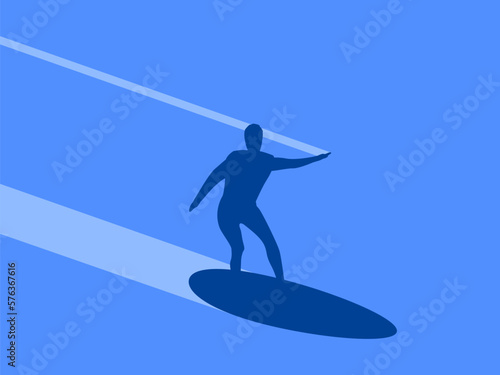 Silhouette of a surfer on a surfboard. Wave riding, active recreation, hobby. Design for banners, posters and promotional items. Vector illustration