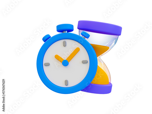 3d minimal time management concept. urgent work. fast service. stopwatch with an hourglass. 3d illustration. photo