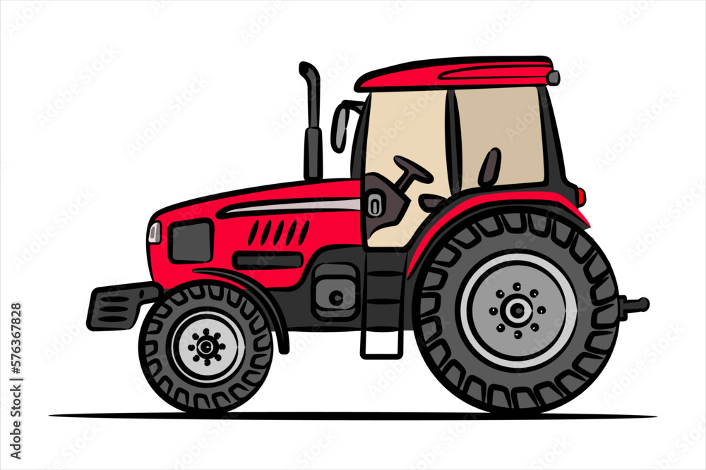 A hand drawn art of a red tractor. Wheeled tractor, side view. Modern flat illustration. Side