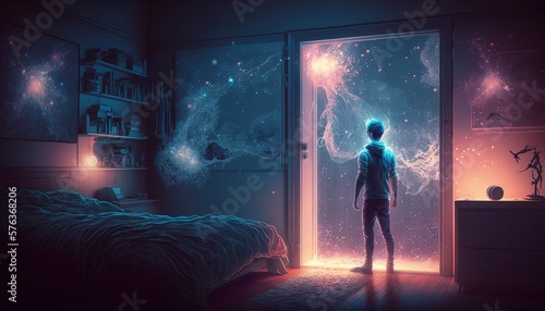 Man in his bedroom, a portal to another dimension. Lucid dreaming generative ai © Roman