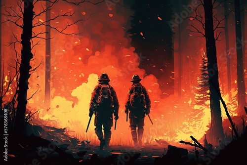 Firefighters fighting the fire. Firefighters fighting a forest fire. Generative AI