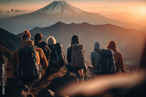 Group of Hikers Relaxing on a Mountaintop with breathtaking Views to fiju mountain  a journey into adventure nature outdoors ai generative