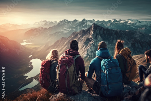 Group of Hikers Relaxing on a Mountaintop with breathtaking Views, a journey into adventure nature outdoors ai generative
