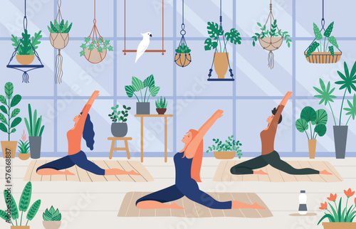 Womans relax yoga and meditation in botanist greenhouse