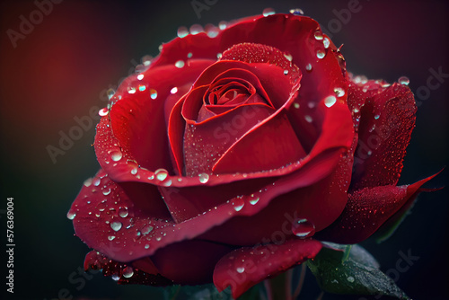 Close-up of red rose with dewdrops.