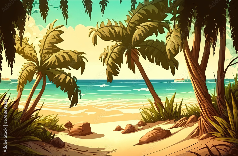 In the shade of coconut palm trees, on a sandy tropical beach. A conceptual setting for travel and holiday planning. Generative AI