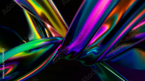 Ribbons of a metallic rainbow color are tightly twisted together against an abstract background. Binding. Interlacing.