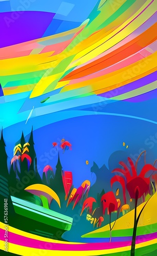 Spring break abstract background - park in the city. Multicolored background with bright colors for happiness, joy, and carelessness. AI-generated digital illustration, flat design.