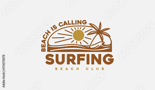 Surfing Beach monoline. Universal creative premium symbol. Vector sign icon logo template. Vector illustration