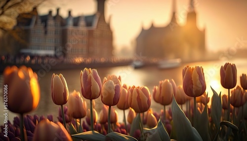 Blooming dutch tulips on background of Amsterdam canals. Based on Generative AI