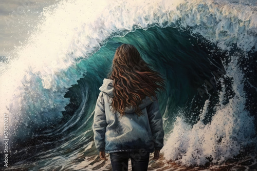 The girl is standing in front of the tsunami wave, Generative AI.