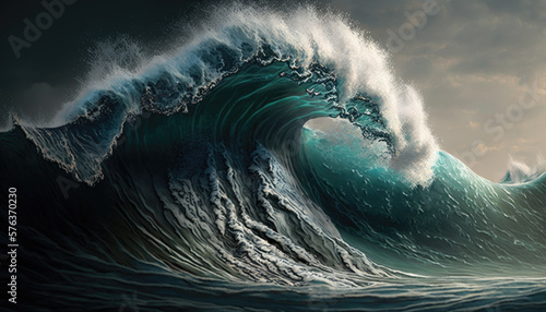 A large wave of water in the sea, a tsunami and a large amount of water rises up, Generative AI.