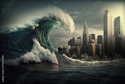 A large wave of water is approaching the city, a tsunami is a large natural phenomenon in the sea and ocean, Generative AI.
