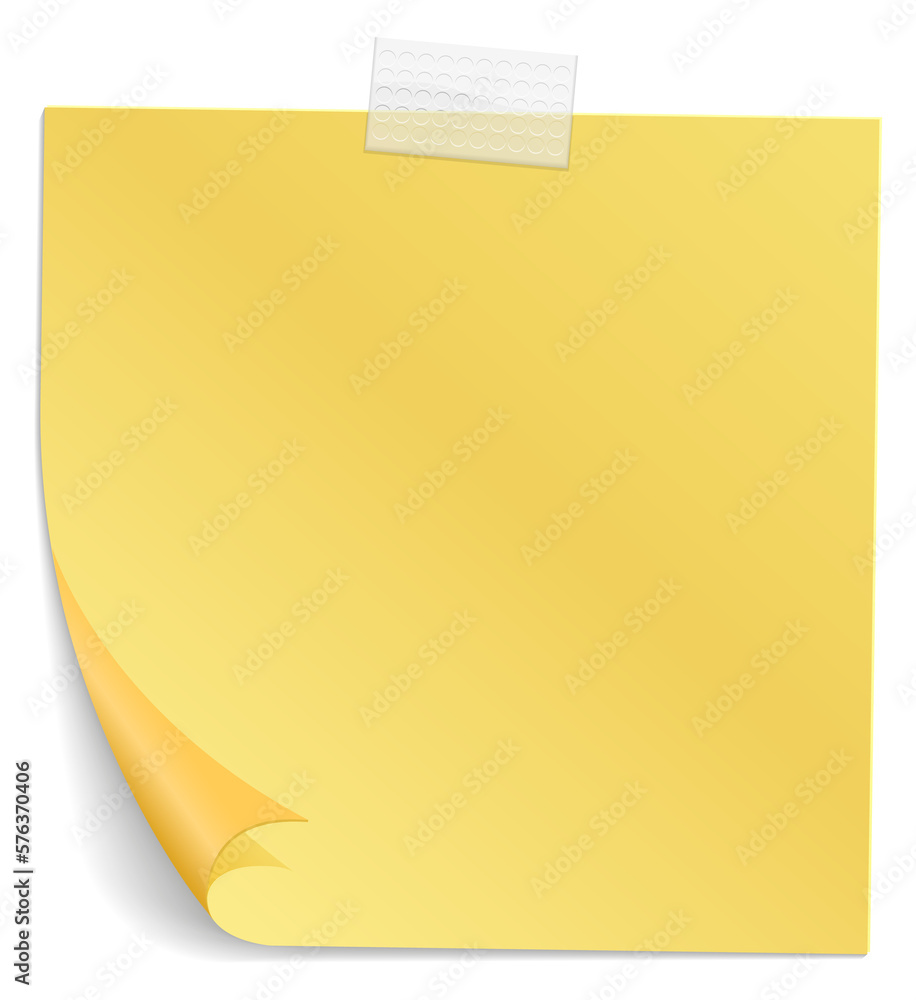 Blank sticky note with curled corner and adhesive tape scrap