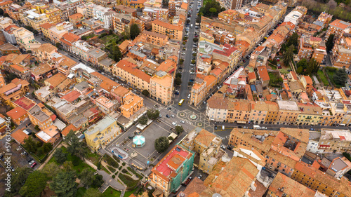 Aerial view of the most important square of Genzano di Roma, a small town located in the Metropolitan City of Rome, Italy. The town is part of the Castelli Romani area. photo