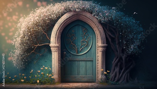 Fairy door to spring in blossom wood illustration art for fairy tale generative ai