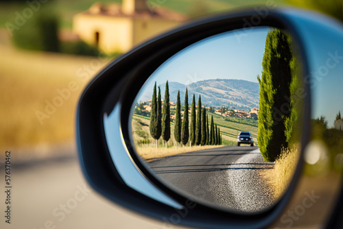 The view of the reflection in the rearview mirror of a rented car on a slender row of cypresses. Travel and trip vacation concept. AI generative