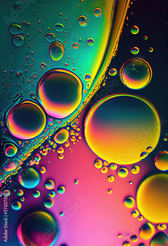 Macro shot of colored oil drops in liquid.