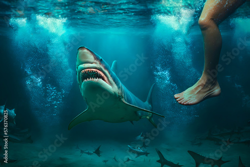 Killer man-eating shark attack attempt on a person in the water, legs underwater next to a dangerous aggressive open mouth. Generative AI