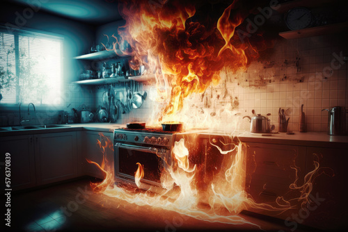 Thick plumes of smoke and tongues of fire spewing from a kitchen, the result of an accident that has quickly become an inferno. AI generative