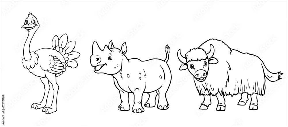 Cute ostrich, rhinoceros and yak to color in. Vector template for a coloring book with funny animals. Coloring template for kids.	

