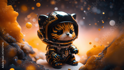 A cute baby tiger astronaut in space with floral and space background. Generative AI technology.