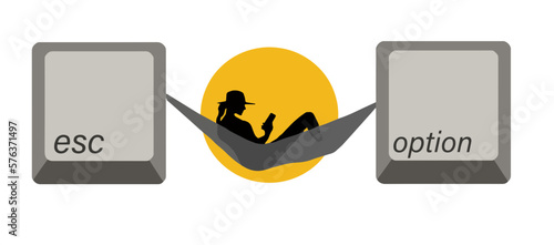 This woman chose the option to escape from the office work. Escape and option computer keyboard keys hold her hammock where she is resting in front of a setting sun.