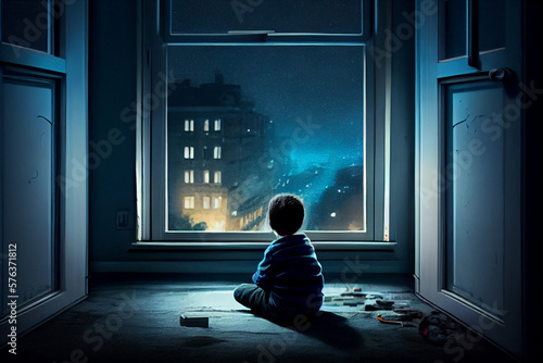 Sad Boy Looking out the Big Window, Idea For Imagination And Dream Concept, Generative AI