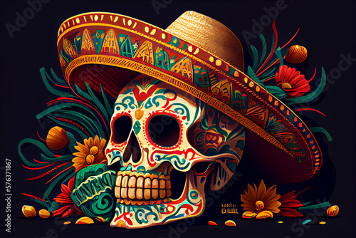 Cinco de Mayo / Day of the Dead Mexican Skull Mascot,  Generative AI