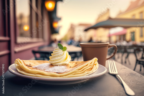 crepe is expertly folded and garnished with a sprig of fresh herbs and crea,, making it a beautiful and satisfying meal in a cozy French restaurant. AI generative