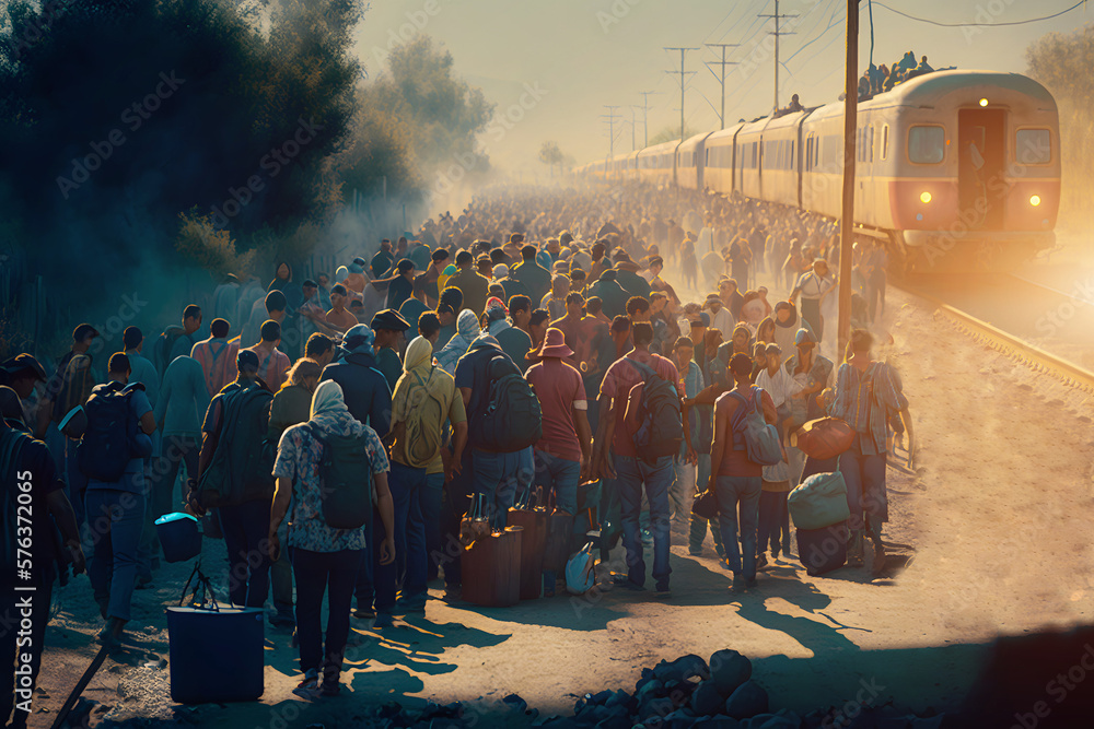 Crowd of refugee people goes rail road train in a line and a humanitarian disaster zone to cross the border into another country. Generative AI - obrazy, fototapety, plakaty 
