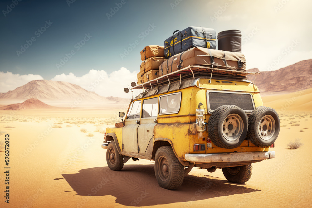 Offroad 4x4 vehicle in Sahara desert. Expedition and transport concept. AI generative