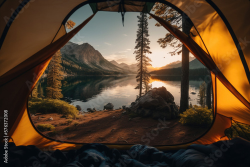 Serene Camping Experience. Cozy Tent on the Banks of a Tranquil Lake at Sunset AI Generative