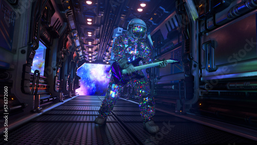 The concept of space exploration. Diamond astronaut plays the guitar in the corridor of the spaceship. Blue neon lights