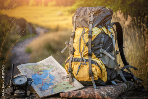 The backpack is filled with supplies and ready to take on the trails, while the map provides valuable navigation information. AI generative