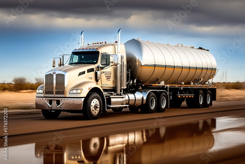 Oil tanker trucks in the highway. Environmental awareness concept. Generative AI illustration