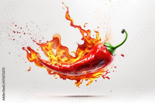 Red hot spicy pepper with fire flames as mexican food background, isolated on white. AI generative photo