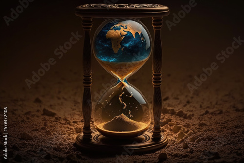 Earth planet in hourglass, Global warming concept, Earth day, Earth hour,generative ai.