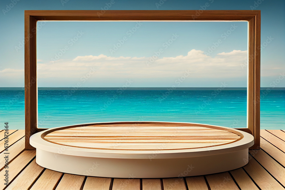 Empty wooden table top product display showcase stage with sea background. Generative AI