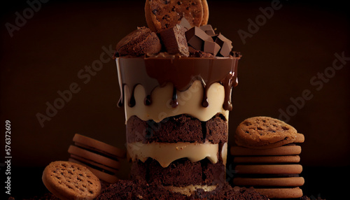 A chocolate tower layered with brownies, mousse and chocolate chip cookies generative AI photo