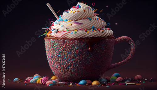 A cup of hot chocolate garnished with whipped cream and colored sprinkles generative AI photo