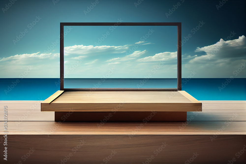 Fototapeta premium Empty wooden table top product display showcase stage with sea background. Generative AI
