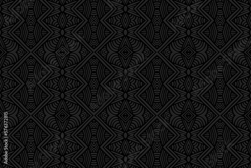 Embossed black background, cover design. Geometric unique 3D pattern, press paper, leather. Ornaments handmade East, Asia, India, Mexico, Aztecs, Peru. Ethnic boho motifs, hot topics.