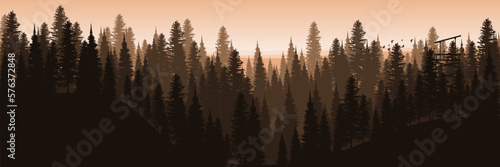 sunset silhouette of forest landscape flat design vector illustration design for wallpaper design, design template, background template, and tourism design template